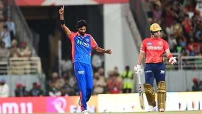 Khaleel Ahmed of Delhi Capitols celebrating the dismissal of Sam Curran ( Ravi Kumar/Hindustan Times ) Khaleel Ahmed of Delhi Capitols celebrating the dismissal of Sam Curran ( Ravi Kumar/Hindustan Times )
