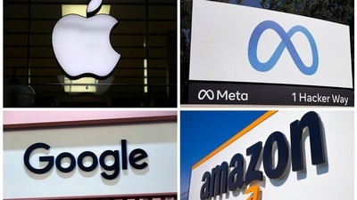 This photo combo of images shows logos for Apple, Meta, Google and Amazon. (AP Photo) (AP) This photo combo of images shows logos for Apple, Meta, Google and Amazon. (AP Photo) (AP)