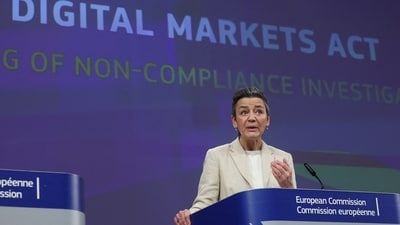 EU antitrust chief Margrethe Vestager holds a press conference in Brussels, Belgium. (Reuters)