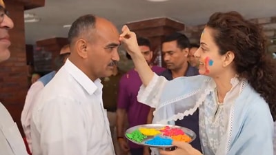 Actor-turned-politician and BJP candidate from Mandi district in Himachal Pradesh for the Lok Sabha elections, Kangana Ranaut celebrated Holi with the party's local unit. She expressed gratitude to BJP leaders JP Nadda, Anurag Thakur, and Prime Minister Narendra Modi for the chance to represent the party. (ANI) Actor-turned-politician and BJP candidate from Mandi district in Himachal Pradesh for the Lok Sabha elections, Kangana Ranaut celebrated Holi with the party's local unit. She expressed gratitude to BJP leaders JP Nadda, Anurag Thakur, and Prime Minister Narendra Modi for the chance to represent the party. (ANI)