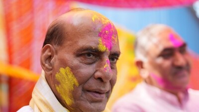 Defence Minister Rajnath Singh during Holi celebrations at his residence, in New Delhi. (PTI)