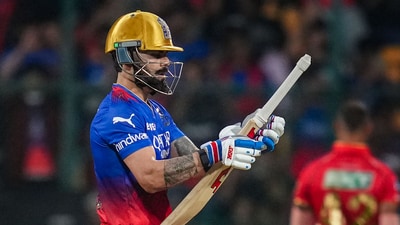 Royal Challengers Bengaluru batter Virat Kohli celebrates his fifty (PTI) Royal Challengers Bengaluru batter Virat Kohli celebrates his fifty (PTI)