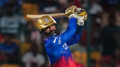 Eventually though, Kohli himself perished after having scored 77 in 49 balls. While the stadium fell quiet for a while after that, Dinesh Karthik and Mahipal Lomror brought Bengaluru roaring back in a match that has now turned into a thriller (PTI) Eventually though, Kohli himself perished after having scored 77 in 49 balls. While the stadium fell quiet for a while after that, Dinesh Karthik and Mahipal Lomror brought Bengaluru roaring back in a match that has now turned into a thriller (PTI)