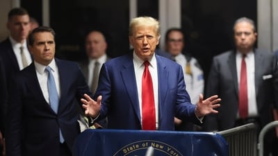 Former President Donald Trump speaks after hearing at New York Criminal Court, Monday, March 25, 2024, in New York. New York Judge Juan M. Merchan has scheduled an April 15 trial date in Trump's hush money case. (AP) Former President Donald Trump speaks after hearing at New York Criminal Court, Monday, March 25, 2024, in New York. New York Judge Juan M. Merchan has scheduled an April 15 trial date in Trump's hush money case. (AP)