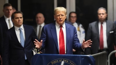 Former President Donald Trump speaks after hearing at New York Criminal Court, Monday, March 25, 2024, in New York. New York Judge Juan M. Merchan has scheduled an April 15 trial date in Trump's hush money case. (AP) Former President Donald Trump speaks after hearing at New York Criminal Court, Monday, March 25, 2024, in New York. New York Judge Juan M. Merchan has scheduled an April 15 trial date in Trump's hush money case. (AP)