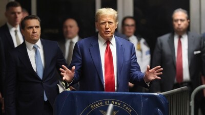 Former President Donald Trump speaks after hearing at New York Criminal Court, Monday, March 25, 2024, in New York. New York Judge Juan M. Merchan has scheduled an April 15 trial date in Trump's hush money case. (AP) Former President Donald Trump speaks after hearing at New York Criminal Court, Monday, March 25, 2024, in New York. New York Judge Juan M. Merchan has scheduled an April 15 trial date in Trump's hush money case. (AP)