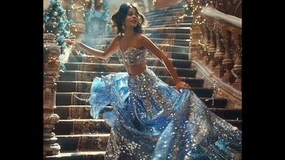 This picture of Cinderella fleeing from the stairs of a palace was generated using an AI tool. (Instagram/@hashimali90)
