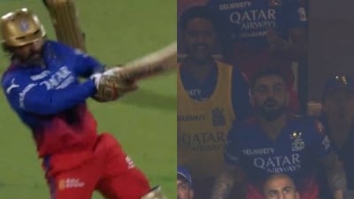 Dinesh Karthik's shot left Virat Kohli jumping out of his chair in excitement.