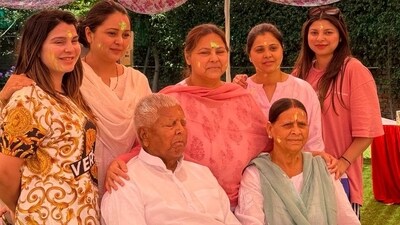 Rashtriya Janata Dal leader Lalu Prasad Yadav was seen with his family on Holi. Lalu Yadav, his wife Rabri Devi, daughters Misa Bharti, and Rohini Acharya were seen in the pictures shared by RJD on social media platform X. (X/RJD) Rashtriya Janata Dal leader Lalu Prasad Yadav was seen with his family on Holi. Lalu Yadav, his wife Rabri Devi, daughters Misa Bharti, and Rohini Acharya were seen in the pictures shared by RJD on social media platform X. (X/RJD)