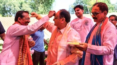 BJP president JP Nadda was also seen celebrating the occasion with party leaders in Delhi on Monday. Nadda was seen along with party leaders Manoj Tiwari, Delhi BJP president Virendra Sachdeva and others at his residence in the national capital. (ANI) BJP president JP Nadda was also seen celebrating the occasion with party leaders in Delhi on Monday. Nadda was seen along with party leaders Manoj Tiwari, Delhi BJP president Virendra Sachdeva and others at his residence in the national capital. (ANI)