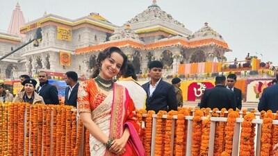 Kangana Ranaut was among a host of celebs, who participated in the historic consecration of the Ram Mandir (Ram Mandir Pran Pratishtha) at Ayodhya on 22 January 2024. She shared many photos on Instagram of herself posing in front of the newly-constructed temple at the time. 