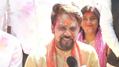 Union minister Anurag Thakur was seen celebrating Holi in the national capital on Monday. Extending his greetings to the people of the country on the occasion of Holi, Thakur said, “I would like to extend my greetings to the people of the country on this festival of colour, Holi. I appeal to all to keep blessing (the BJP government.” (ANI) Union minister Anurag Thakur was seen celebrating Holi in the national capital on Monday. Extending his greetings to the people of the country on the occasion of Holi, Thakur said, “I would like to extend my greetings to the people of the country on this festival of colour, Holi. I appeal to all to keep blessing (the BJP government.” (ANI)