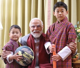 PM Modi seen with the children of Bhutan King Wangchuck. (ANI) PM Modi seen with the children of Bhutan King Wangchuck. (ANI)