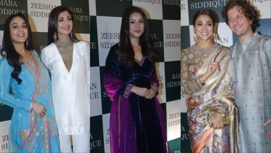 (L-R) Preity Zinta, Shilpa Shetty, Shehnaaz Gill, Shriya Saran, and Andrei Koscheev at Baba Siddique's Iftar party.
