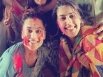 Taapsee Pannu with sister Shagun Pannu during a Holi celebration with friends.