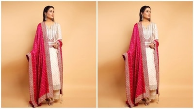 On Tuesday, Hina gave her fans a sweet surprise as the actress took to Instagram and uploaded a series of stunning pictures accompanied by the caption, “Fit check.. Simple and Elegant.. Traditional wear never goes wrong..” (Instagram/@realhinakhan) On Tuesday, Hina gave her fans a sweet surprise as the actress took to Instagram and uploaded a series of stunning pictures accompanied by the caption, “Fit check.. Simple and Elegant.. Traditional wear never goes wrong..” (Instagram/@realhinakhan)