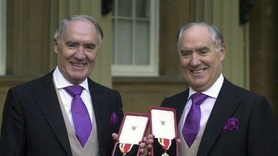 Sir Frederick Barclay and his twin brother, Sir David Barclay, outside Buckingham Palace after receiving their Knighthoods for their support of medical research in October 2000. (AP) Sir Frederick Barclay and his twin brother, Sir David Barclay, outside Buckingham Palace after receiving their Knighthoods for their support of medical research in October 2000. (AP)
