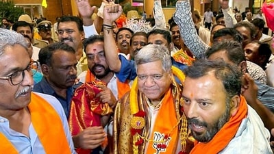 Former Karnataka CM Jagadish Shettar being welcomed after he rejoined the BJP. Former Karnataka CM Jagadish Shettar being welcomed after he rejoined the BJP.