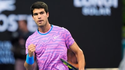 Carlos Alcaraz, of Spain, celebrates a point against Gael Monfils, of France, during the Miami Open tennis tournament (AP) Carlos Alcaraz, of Spain, celebrates a point against Gael Monfils, of France, during the Miami Open tennis tournament (AP)