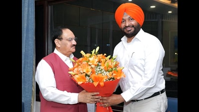 Newly joined BJP leader Ravneet Singh Bittu calls on party chief JP Nadda after joining the Bharatiya Janata Party (BJP) ahead of Lok Sabha elections 2024, at JP Nadda's residence in New Delhi on Tuesday. (OfficeofJPNadda-X) Newly joined BJP leader Ravneet Singh Bittu calls on party chief JP Nadda after joining the Bharatiya Janata Party (BJP) ahead of Lok Sabha elections 2024, at JP Nadda's residence in New Delhi on Tuesday. (OfficeofJPNadda-X)