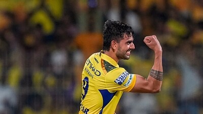 Deepak Chahar ensured that GT's opening partnership did not get off to a quick start as they usually did. He dismissed captain Gill for eight runs and then dismissed Wriddhiman Saha for 21 off 17. (PTI) Deepak Chahar ensured that GT's opening partnership did not get off to a quick start as they usually did. He dismissed captain Gill for eight runs and then dismissed Wriddhiman Saha for 21 off 17. (PTI)