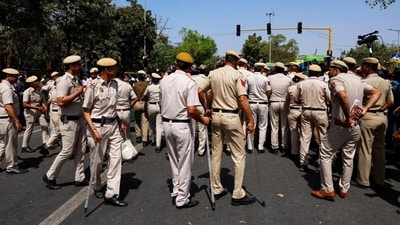 Police officers outside Shaheedi Park in New Delhi on April 23. (Reuters) Police officers outside Shaheedi Park in New Delhi on April 23. (Reuters)
