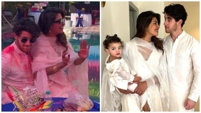 Priyanka Chopra with daughter Malti Marie and husband Nick Jonas during a Holi party in Noida. Priyanka Chopra with daughter Malti Marie and husband Nick Jonas during a Holi party in Noida.