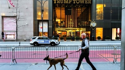 A New York City Police Department (NYPD) vehicle in front of Trump Tower on Fifth Avenue after former US President Donald Trump departed the building for his court hearing at Manhattan Criminal Court in New York City on March 25. (AFP) A New York City Police Department (NYPD) vehicle in front of Trump Tower on Fifth Avenue after former US President Donald Trump departed the building for his court hearing at Manhattan Criminal Court in New York City on March 25. (AFP)