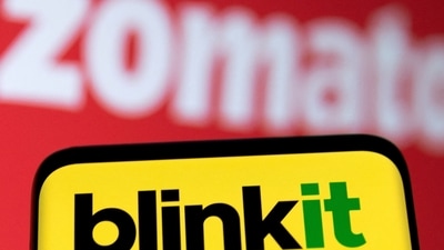 Zomato share price: Blinkit and Zomato logos are seen in this illustration. Zomato stock opened upside today and went on to touch an intraday high of  ₹183.40 per share level on NSE. (Reuters)