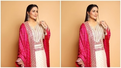 Keeping accessories to a minimum to make her outfit shine, she simply styled her look with a pair of statement earrings, several rings adorning her finger and a pair of gold high heels to complete her look. (Instagram/@realhinakhan) Keeping accessories to a minimum to make her outfit shine, she simply styled her look with a pair of statement earrings, several rings adorning her finger and a pair of gold high heels to complete her look. (Instagram/@realhinakhan)
