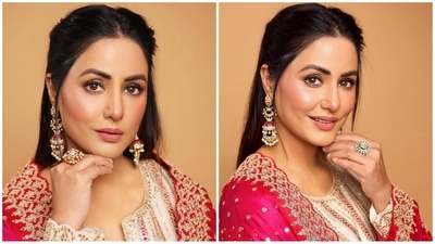 Her make-up look includes nude eyeshadow, mascaraed lashes, winged eyeliner, darkened brows, contoured cheekbones, rosy cheeks, luminous highlighter and a shade of pink lipstick. (Instagram/@realhinakhan) Her make-up look includes nude eyeshadow, mascaraed lashes, winged eyeliner, darkened brows, contoured cheekbones, rosy cheeks, luminous highlighter and a shade of pink lipstick. (Instagram/@realhinakhan)