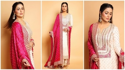 Hina Khan is in festive mood as she dressed up in a mesmerising ethnic suit that exudes festive vibes and glamour, providing fashion inspiration to all her followers. The stylish diva is a total stunner who continues to hit fashion targets like a pro. Whether it's a sartorial saree or a chic jumpsuit, she can pull off any look to perfection. Just a day ago, she wowed her fans in a monochromatic satin ensemble and this time, she stunned in a glamorous kurta look. Let's decode her chic look and take some style notes. (Instagram/@realhinakhan) Hina Khan is in festive mood as she dressed up in a mesmerising ethnic suit that exudes festive vibes and glamour, providing fashion inspiration to all her followers. The stylish diva is a total stunner who continues to hit fashion targets like a pro. Whether it's a sartorial saree or a chic jumpsuit, she can pull off any look to perfection. Just a day ago, she wowed her fans in a monochromatic satin ensemble and this time, she stunned in a glamorous kurta look. Let's decode her chic look and take some style notes. (Instagram/@realhinakhan)