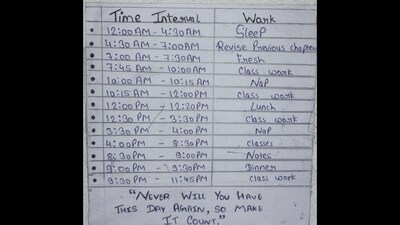 An IIT Bombay alumnus reacted to this schedule of a 17-year-old IIT-JEE aspirant. (X/@amangoeliitb) An IIT Bombay alumnus reacted to this schedule of a 17-year-old IIT-JEE aspirant. (X/@amangoeliitb)