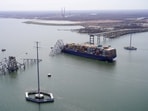 Aerial view of the Dali cargo vessel which crashed into the Francis Scott Key Bridge, causing it to collapse in Baltimore, Maryland, U.S., March 26, 2024. Maryland National Guard/Handout via REUTERS.
