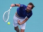 Daniil Medvedev serves against Dominik Koepfer of Germany during their match on day 11 of the Miami Open Daniil Medvedev serves against Dominik Koepfer of Germany during their match on day 11 of the Miami Open