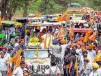 Mansa: Shiromani Akali Dal (SAD) leaders Harsimrat Kaur Badal and Sukhbir Singh Badal during a road show ahead of the Lok Sabha polls, in Mansa, Punjab, Wednesday, March 27, 2024. (PTI Photo)(PTI03_27_2024_000208A) *** Local Caption *** (PTI)