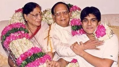 A grown-up Ram with his grandparents. The actor ported a white T-shirt as he posed with his family members A grown-up Ram with his grandparents. The actor ported a white T-shirt as he posed with his family members