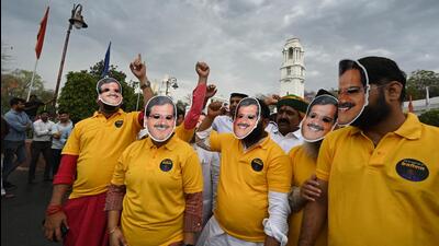 AAP MLAs protest at the Delhi Assembly against the arrest of Arvind Kejriwal on Wednesday. (Arvind Yadav/HT photo) AAP MLAs protest at the Delhi Assembly against the arrest of Arvind Kejriwal on Wednesday. (Arvind Yadav/HT photo)