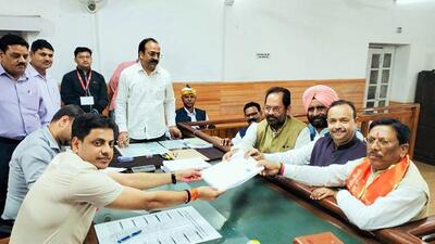 BJP candidate Ghanshyam Lodhi files his nomination papers in Rampur on Wednesday. (ANI PHOTO)
