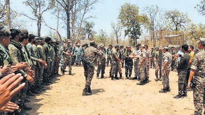 Central Reserve Police Force and its CoBRA unit during the search operation following the encounter between security forces and Naxals, in Bijapur on Wednesday. (ANI)