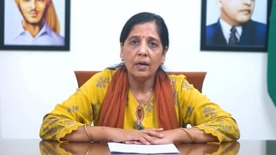 Delhi chief minister Arvind Kejriwal’s wife Sunita Kejriwal reads out his message from jail in a video released on Saturday. (PTI) Delhi chief minister Arvind Kejriwal’s wife Sunita Kejriwal reads out his message from jail in a video released on Saturday. (PTI)