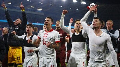 Poland players celebrate winning in a penalty shootout in the UEFA EURO 2024 qualifier play-off final first leg against Wales (AFP) Poland players celebrate winning in a penalty shootout in the UEFA EURO 2024 qualifier play-off final first leg against Wales (AFP)
