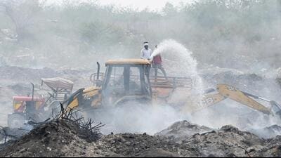 Firefighting operations at the dumping ground in Sector 32 on Wednesday. (Sunil Ghosh/HT Photo)