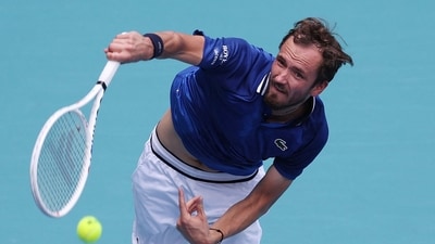 Daniil Medvedev serves against Dominik Koepfer of Germany during their match on day 11 of the Miami Open (Getty Images via AFP) Daniil Medvedev serves against Dominik Koepfer of Germany during their match on day 11 of the Miami Open (Getty Images via AFP)
