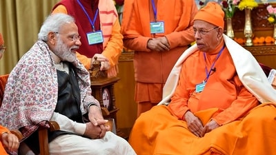 Prime Minister Narendra Modi with Ramakrishna Mission president Swami Smaranananda Maharaj. (PTI file) Prime Minister Narendra Modi with Ramakrishna Mission president Swami Smaranananda Maharaj. (PTI file)