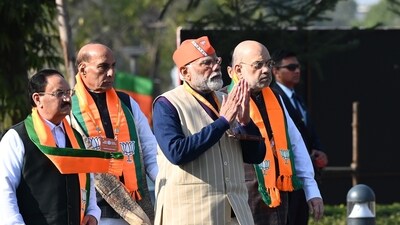 Prime Minister Narendra Modi with Home minister Amit Shah, defence minister Rajnath Singh and BJP national President J P Nadda during BJP National Convention at Bharat Mandapam. (Arvind Yadav/Hindustan Times) Prime Minister Narendra Modi with Home minister Amit Shah, defence minister Rajnath Singh and BJP national President J P Nadda during BJP National Convention at Bharat Mandapam. (Arvind Yadav/Hindustan Times)