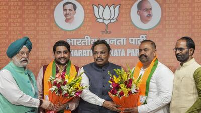 Sushil Kumar Rinku (second from right) and Sheetal Angural (second from left) joined the BJP on Wednesday. (PTI) Sushil Kumar Rinku (second from right) and Sheetal Angural (second from left) joined the BJP on Wednesday. (PTI)