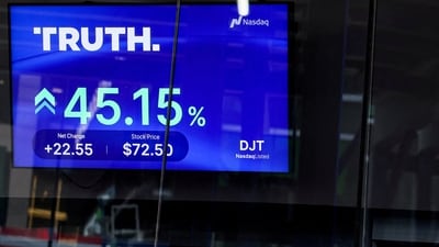 A screen displays trading information about shares of Truth Social and Trump Media & Technology Group, outside the Nasdaq Market site in New York City, U.S., March 26, 2024. REUTERS/Brendan McDermid (REUTERS)