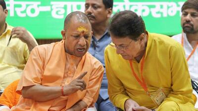 Uttar Pradesh chief minister Yogi Adityanath at an election campaign event in support of BJP candidate Arun Govil ahead of upcoming Lok Sabha polls, at Chaudhary Charan Singh University in Meerut on Wednesday. (PTI PHOTO)