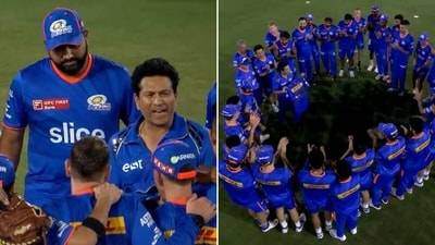 Mumbai Indians got together to present Rohit Sharma a special jersey. (Screengrab) Mumbai Indians got together to present Rohit Sharma a special jersey. (Screengrab)